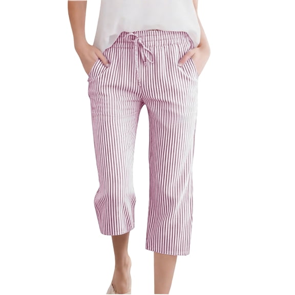 breaise Girls' Cotton Linen Capris Stripe Elastic Waist Cropped Pant Summer Casual Cute Trouses with Pockets