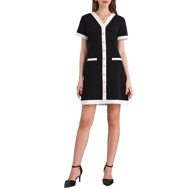 Vestido de trabajo elegante de mujer con contraste de color, escote en V, manga corta, corte A, XL, negro