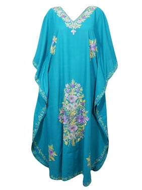 Mogul Aqua Blue Floral Maxi Caftan Kimono V Neck Embellished Bohemian Fashion Bikini Coverup Evening Gown Resort Wear 3XL