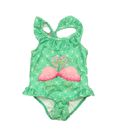 

Pre-owned Crown & Ivy Girls Green | Pink Flamingo 1-piece Swimsuit size: 12 Months