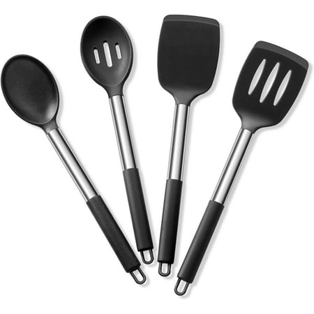 

Cooking Utensils Set of 4 Silicone Kitchen Utensils for Non-stick Cookware Heat Resistant & Non-toxic Slotted Spatula Solid Spoon Turner for Flipping Mixing Serving Basting(Black)