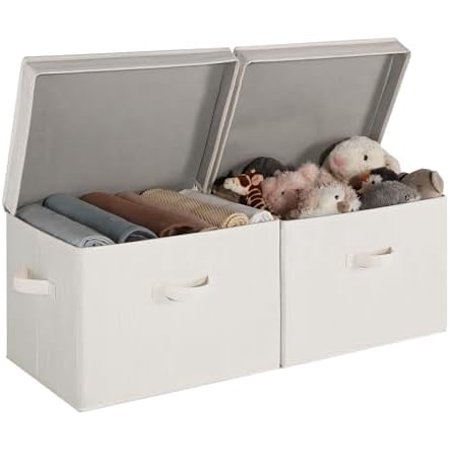 Closet Storage Bin with Lids Decorative Storage Boxes with Handles Fabric Storage Bins for Clothes Jumbo Mixing of Beige White & Ivory 2-Pack