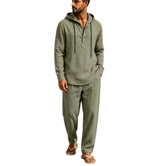 Delconic Mens Linen Blend Two Piece Set Hooded Half Placket Long Sleeve Shirt and Straight Leg Pants Casual Vacation Outfit Army Green L