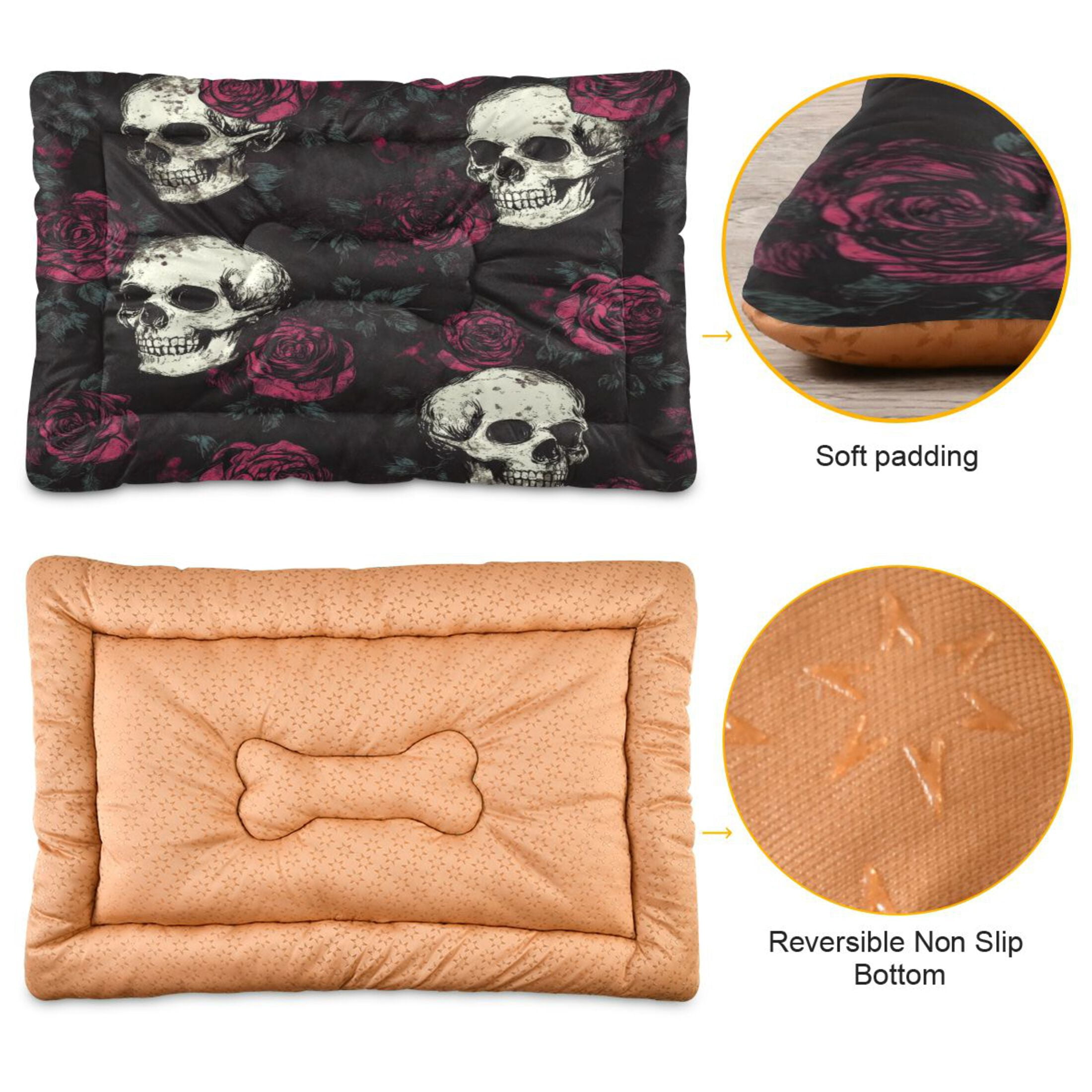 Qxltty Skull Burgundy Roses Pattern Ped Pad Wear-resistant and Hard to Bite Through Sleeping Pad for Small Medium Large Dogs Winter Pet Bed 36×24in