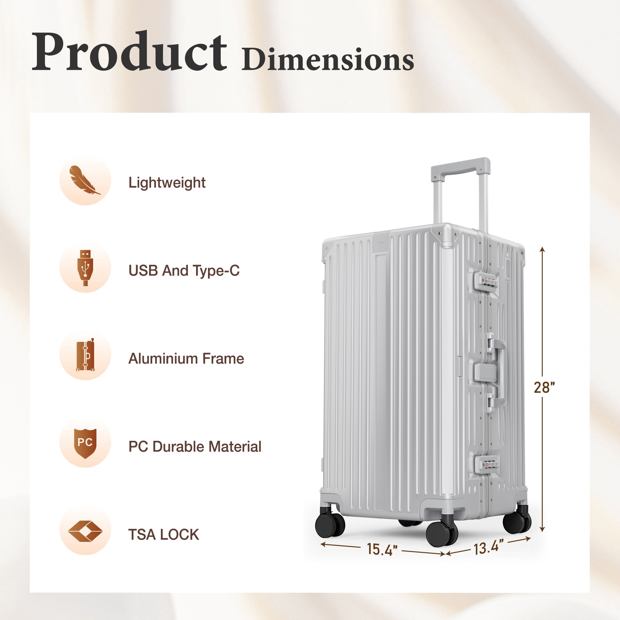 MF Studio 28 Inch Checked Trunk Luggage, Lightweight Zipperless PC Hardshell Suitcase with Aluminum Frame, TSA Locks, Spinner Wheels, USB Charging Port, Silver Gray