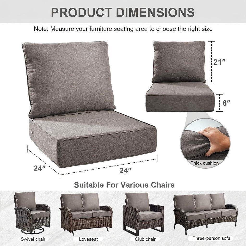 Bellefurn Outdoor Deep Seat Cushion 24 X 24 X 6 inch for Patio Furniture,Outdoor Chair Cushions Waterproof & Fade Resistant Patio Furniture Cushions for Wicker Chair, Sofa, Couch