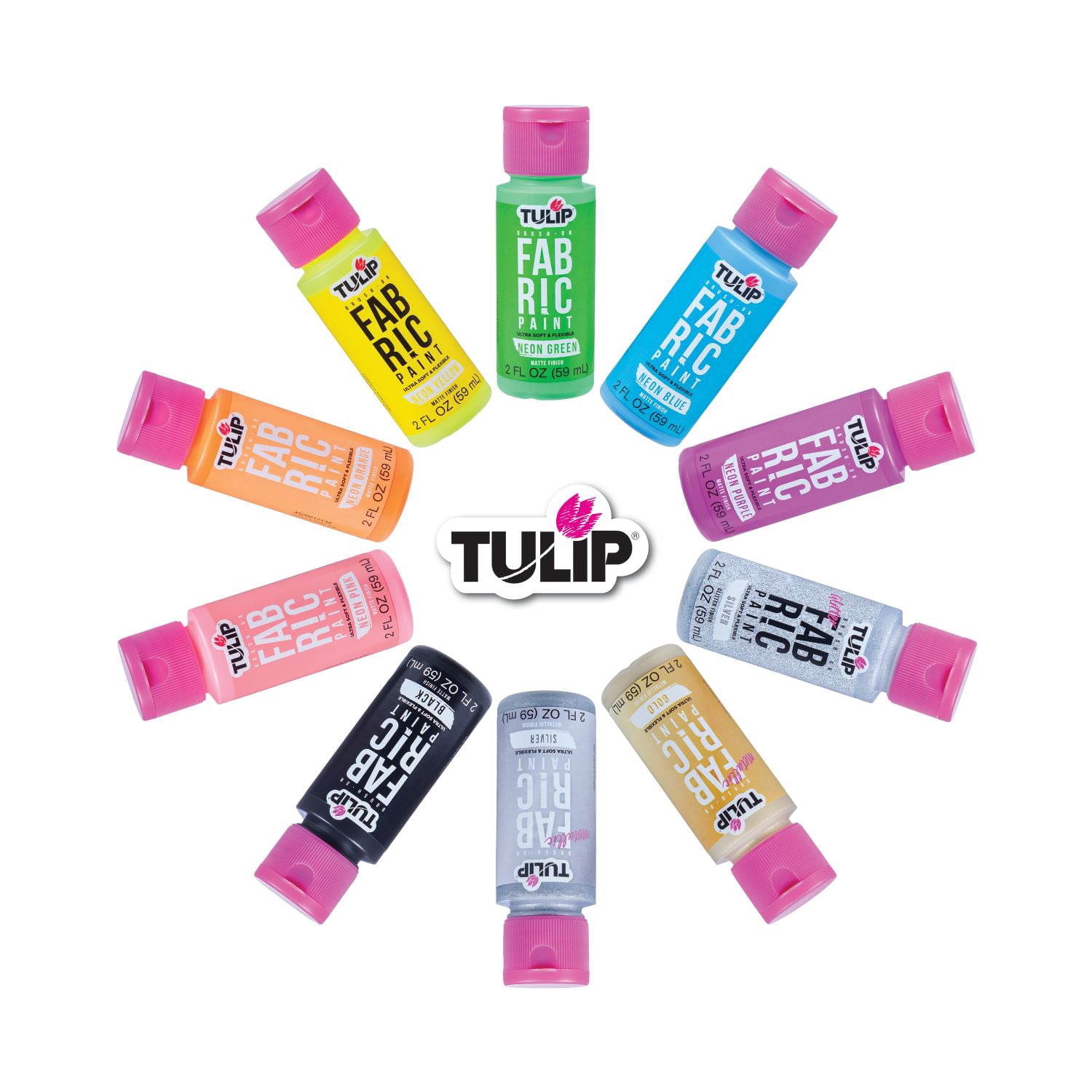 Tulip Brush-On Fabric Paint Set – 10 Pack of 2 fl oz Bottles, Liquid Neon Colors for DIY Crafts & Clothing