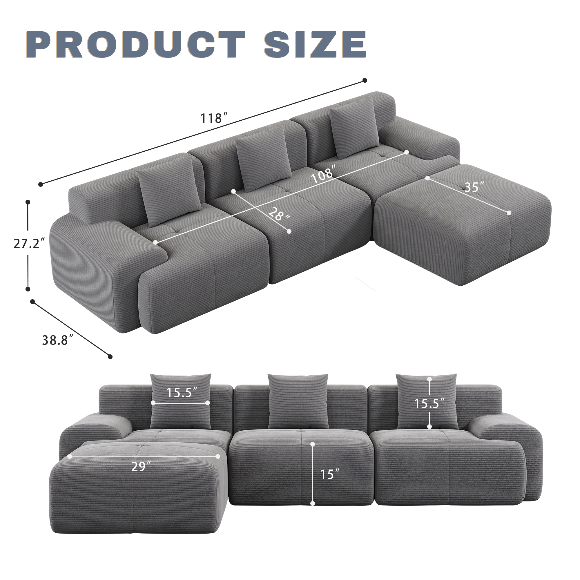 GAOHAPY 120"Modern L Shaped Modular Sectional Sofa,Oversized Corduroy Couch Deep Seat, Boneless Cloud Couch with Ottoman, 30D Sponge for Indoor Living Room, No Assembly Required(Dark Grey)