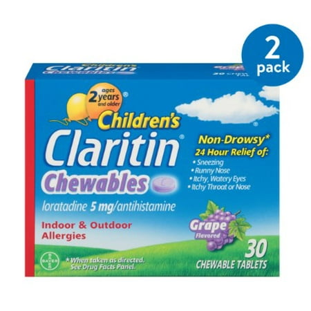 (2 pack) (2 Pack) Children's Claritin 24 Hour Allergy Grape Chewable Tablet, 5mg, 30Ct