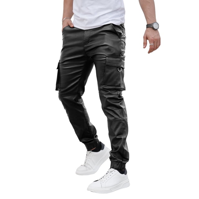 Pantalones cargo GINGTTO Slim Fit de piel para hombre, color negro