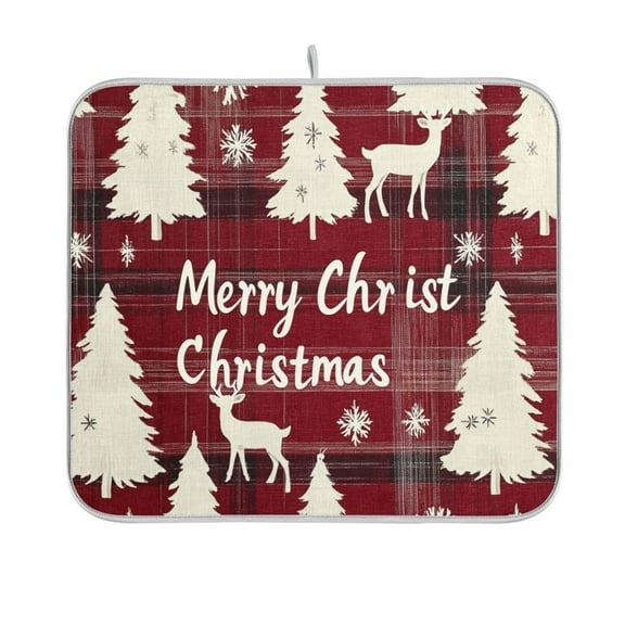 BZSMCE Dish Drying Mat Christmas Dark Red Plaid Print with Reindeer Design Drying Mats