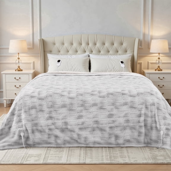 MARNUR Heated Blanket Queen,84"x90" Faux Fur Electric Blanket, Fast Heating with Dual Controllers,10 Heating Levels, 10 Hours Timer, Gray