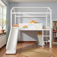 thumbnail image 2 of Tcbosik Twin Size House Shaped Loft Bed with Slide and Blackboard, Metal Bed Frame with Ladder and Guardrail for Small Space, Easy Assembly, White, 2 of 10