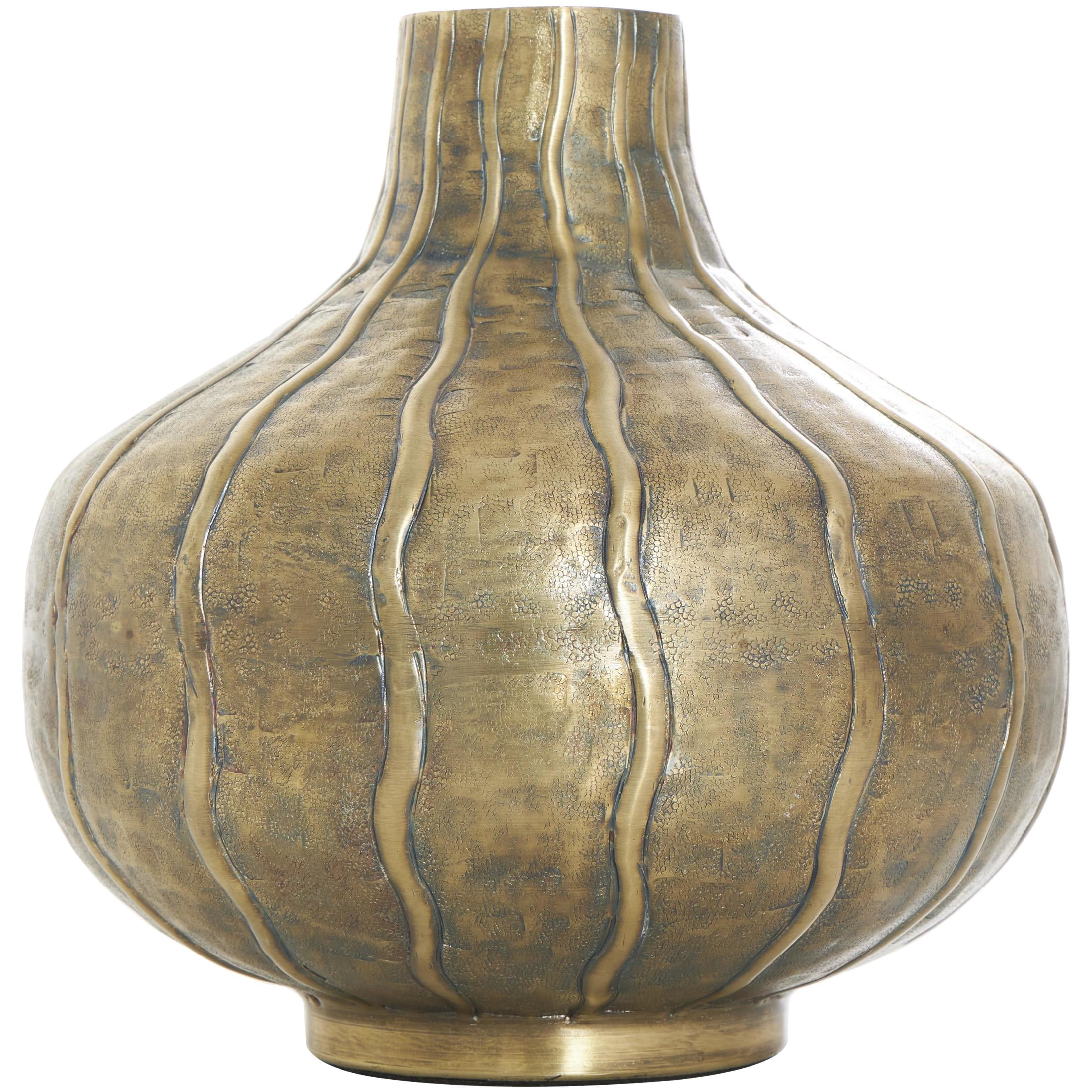 DecMode 13" Wide Snakeskin Inspired Brass Metal Vase with Dimensional Wavy Accents
