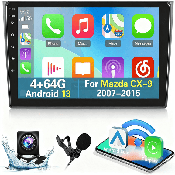 Zcargel 10.1in Android 13 Car Stereo Double Din with Wireless CarPlay & Wired Android Auto, Split Screen, AHD Backup Camera, Bluetooth, WiFi, FM/RDS, Head Unit In-Dash for Mazda CX-9 2007-2015