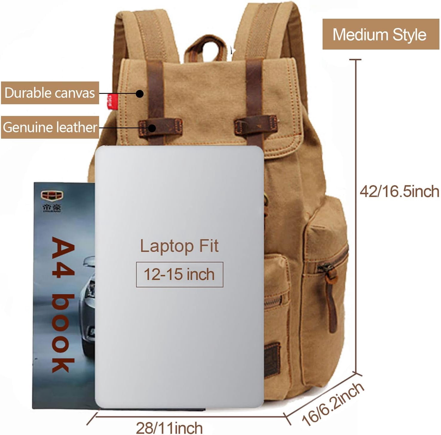 AUGUR High Capacity Canvas Vintage Backpack 30L -  Laptop Compartment, Unisex