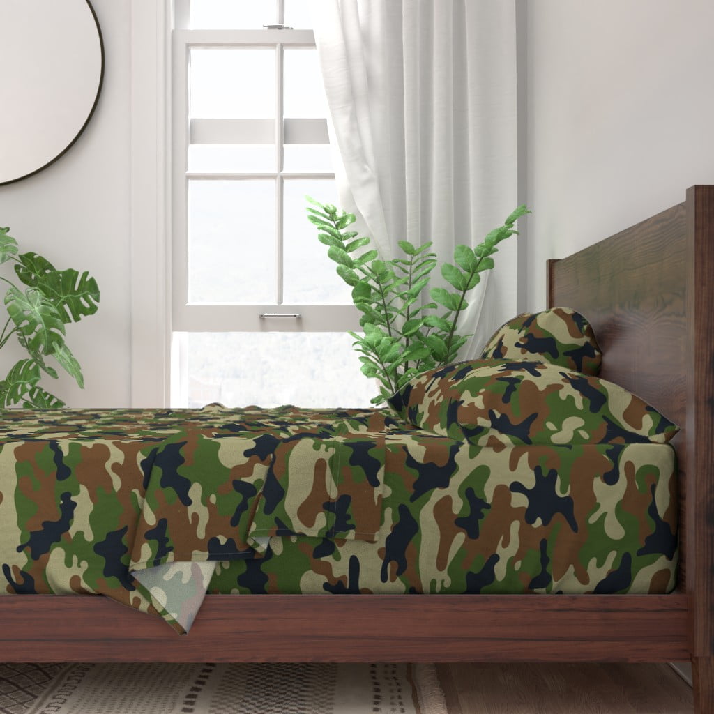 Green Camouflage Woodland Natural 100 Cotton Sateen Sheet Set by