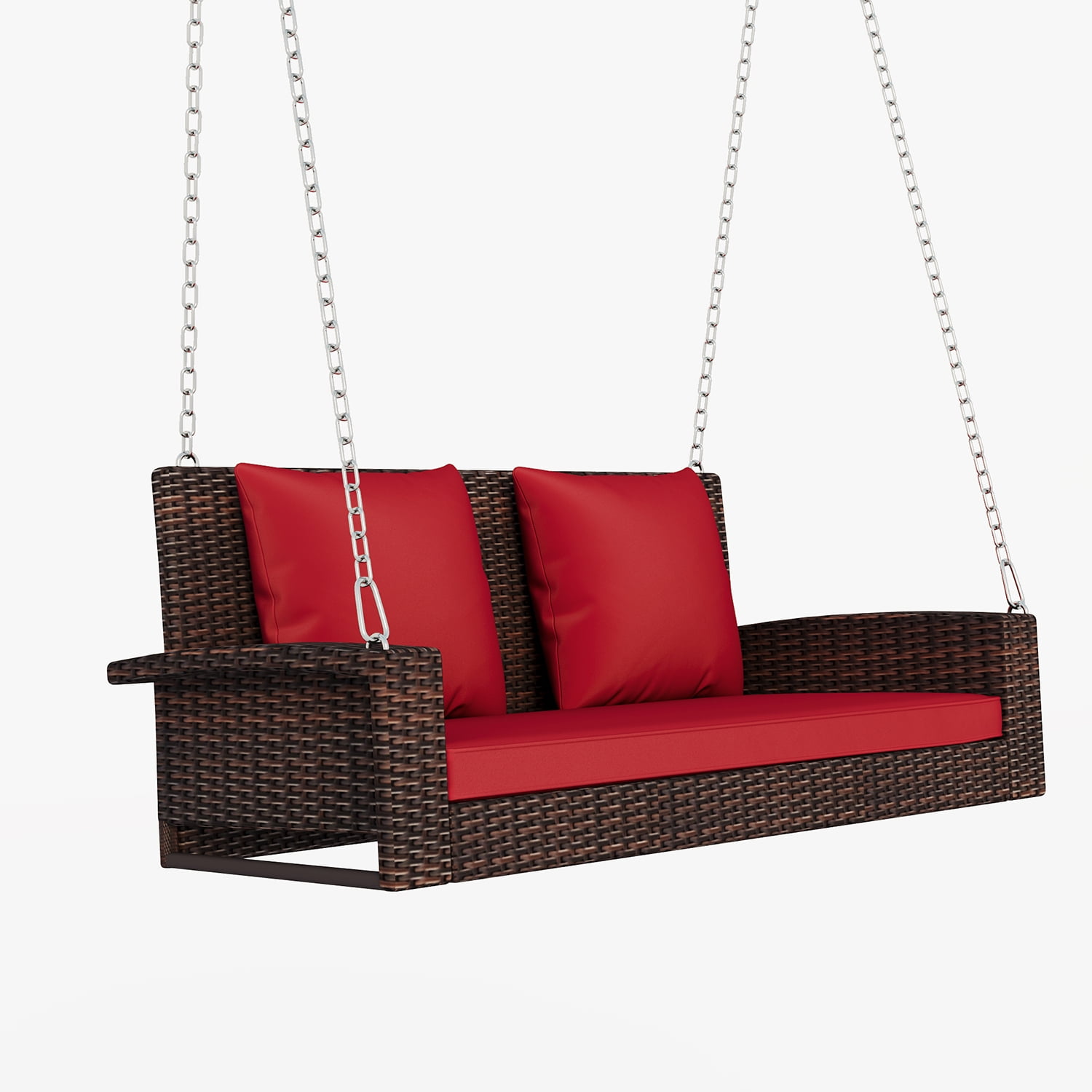 Kadyn 2-Person Wicker Hanging Porch Swing, Rattan Swing Bench with Chains, Cushion and Pillow, Outdoor Swing Chair for Garden, Backyard, Brown-Red Kadyn 2-Person Wicker Hanging Porch Swing, Rattan Swing Bench with Chains, Cushion and Pillow, Outdoor Swing Chair for Garden, Backyard, Brown-Red