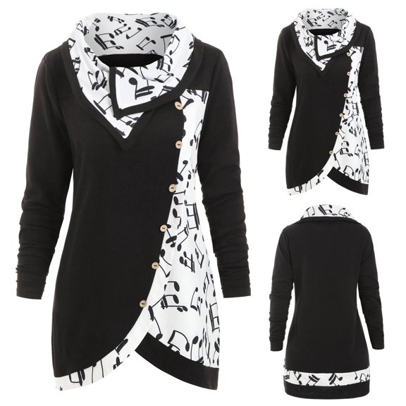 Floleo Clearance Womens Tops Long Sleeve Shirts Fall Clearance Women Cowl Neck Musical Notes Turtleneck Tartan Tunic Sweatshirt Pullover Tops Black