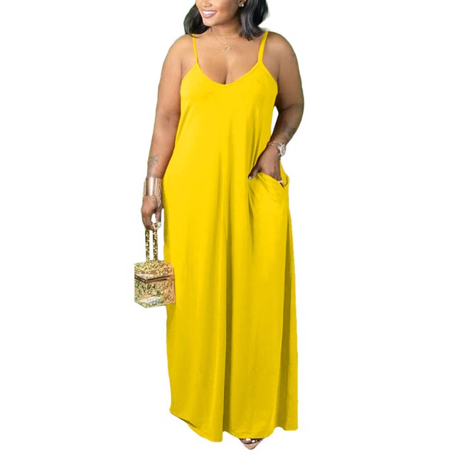UKAP Robe Maxi Sans Manches pour Femmes Grande Taille Couleur Unie Ample Robe de Plage Jaune G