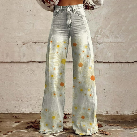 White Jeans for Women Wide Leg Pants Woman High Waist Floral Patterned Pants Lightweight Loose Fit Casual Colorful Trouser Imitation Jeans
