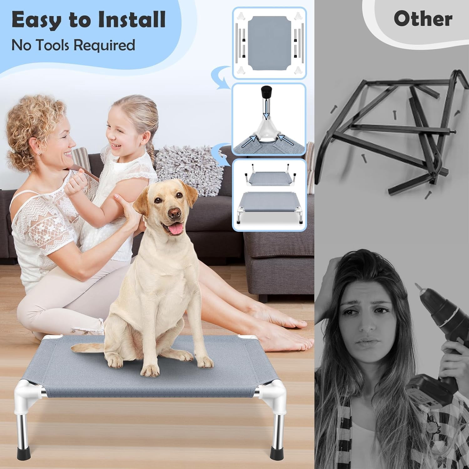 Elevated Cooling Dog Bed, Raised Outdoor Dog Bed for Medium Dogs, Portable Pet Cots with No-Slip Rubber Feet, Double Layer Polyester Cotton