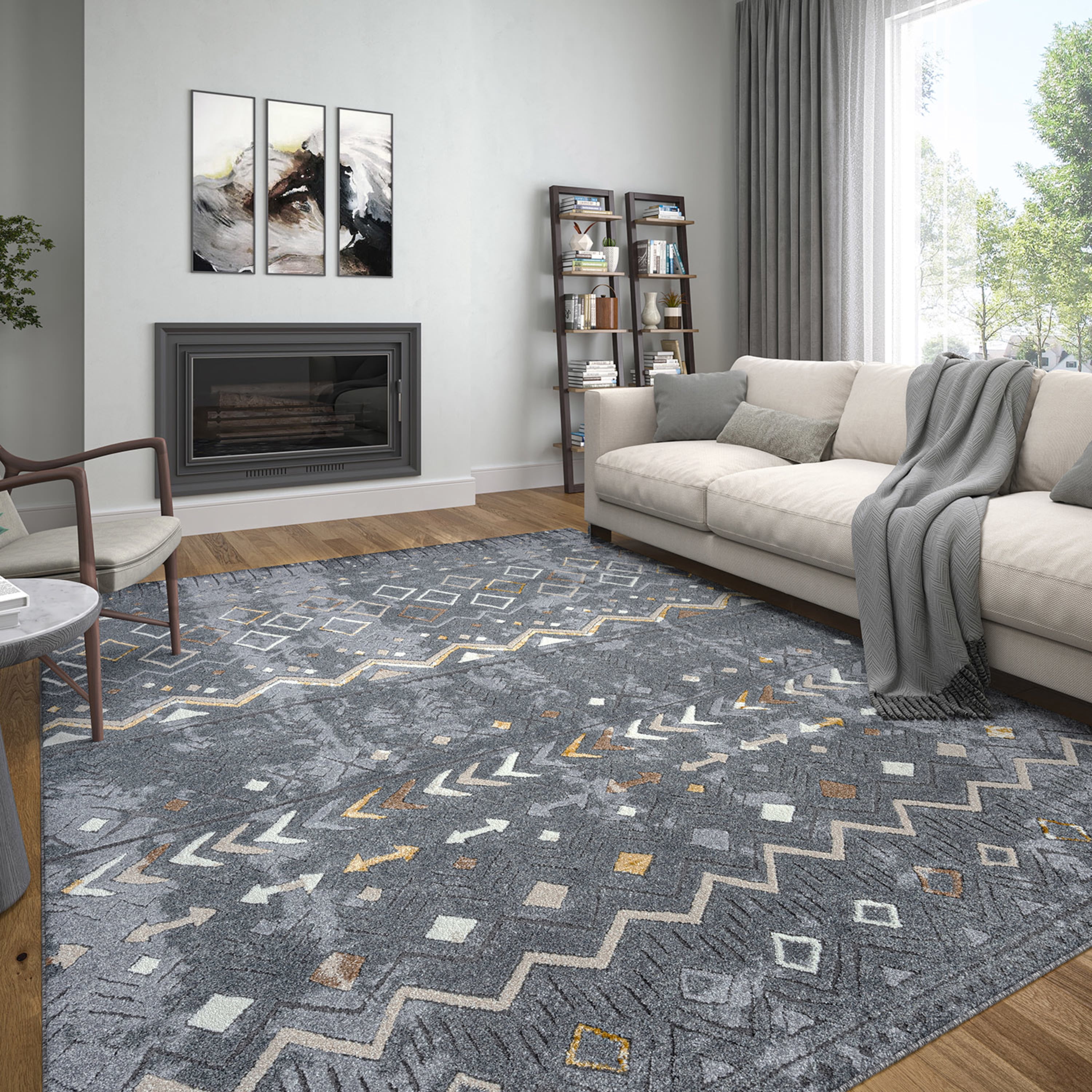 Contemporary 8x10 Area Rug (7'11'' x 10'3'') Tribal Dark Gray, Beige Living Room Easy to Clean