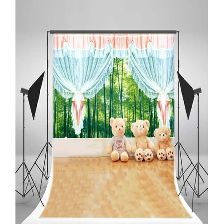 Chi Bears - MOHome Polyester Fabric Lovely Bear Backdrop 5x7ft Baby Shower Theme Birthday Party Decoration Room Wallpaper Curtain Wooden Floor Green Trees Family Photos Chi