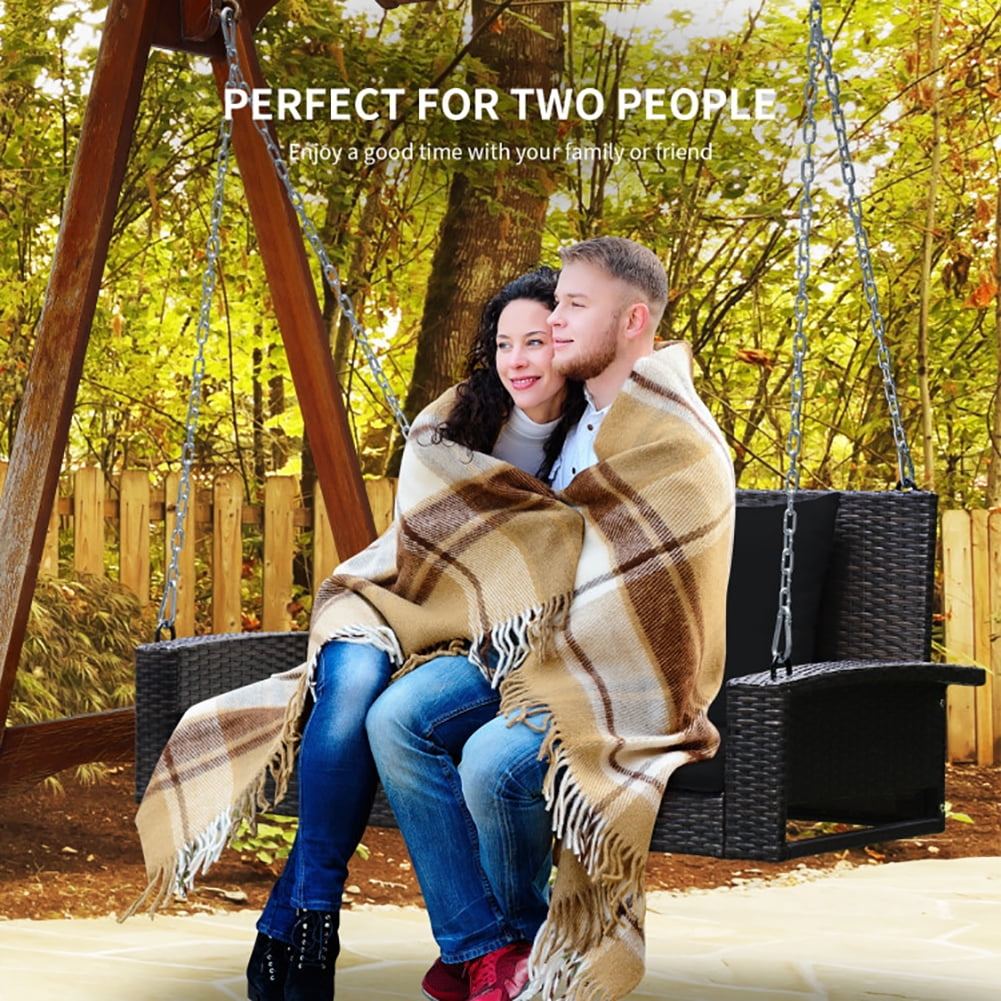 Aimee Lii 2-Person Patio Rattan Porch Swing with Cushions, Outdoor Patio Furniture, Black
