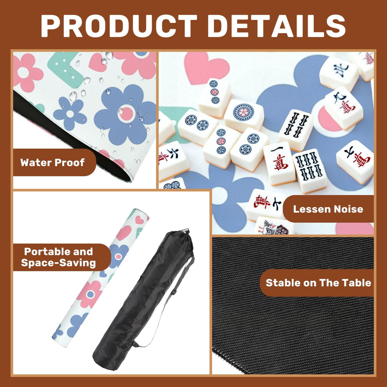 Mahjong Mat 31.5" x 31.5" Colorful Love Flowers Hearts Pink Blue Non-Slip Noise Reduction American Mahjong Tiles Table Cover for Dominoes Poker Card Board Games Gift