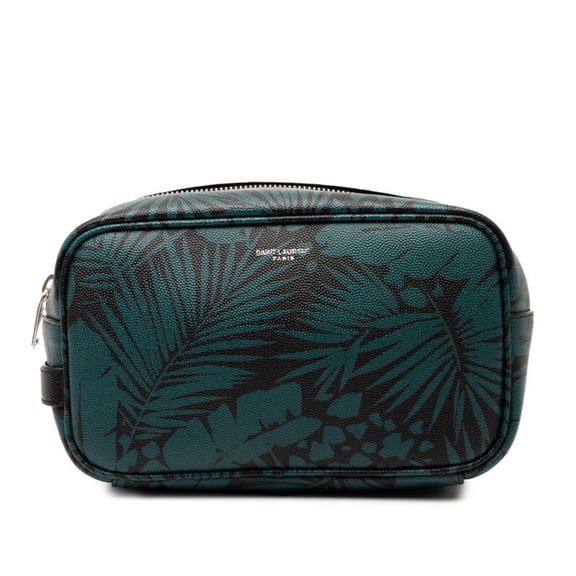 Pre-Owned Saint Laurent Botanical Print Pouch 650125 Green Black Leather Women's... (Good)