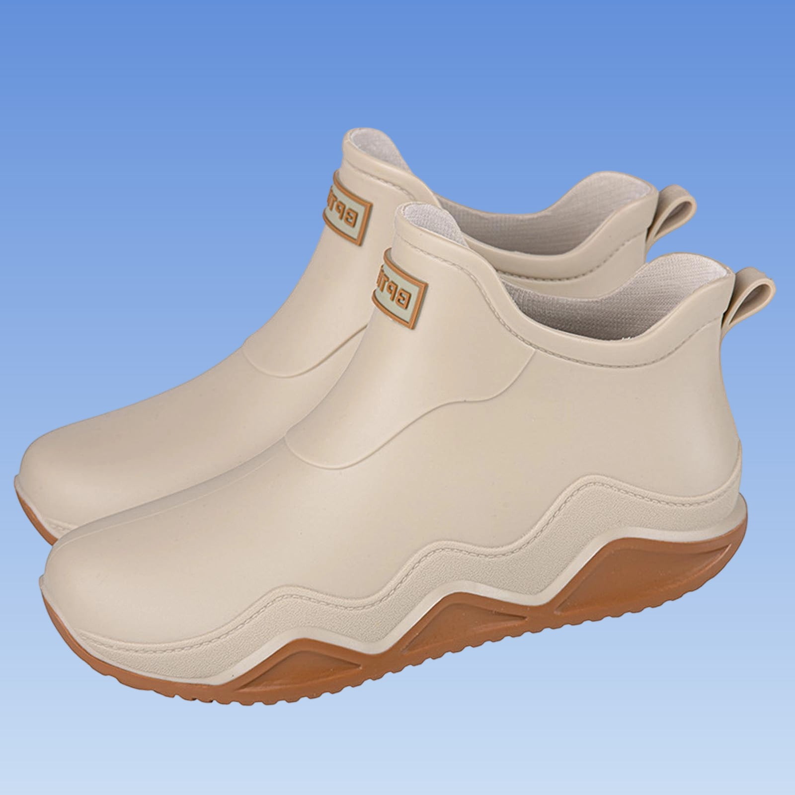 Beige Womens Rain Boots Water Shoes Low Top Rubber Sole Casual Outdoor Indoor Non Slip Comfortable Shoes With Letter Design For Everyday Wear Size 44
