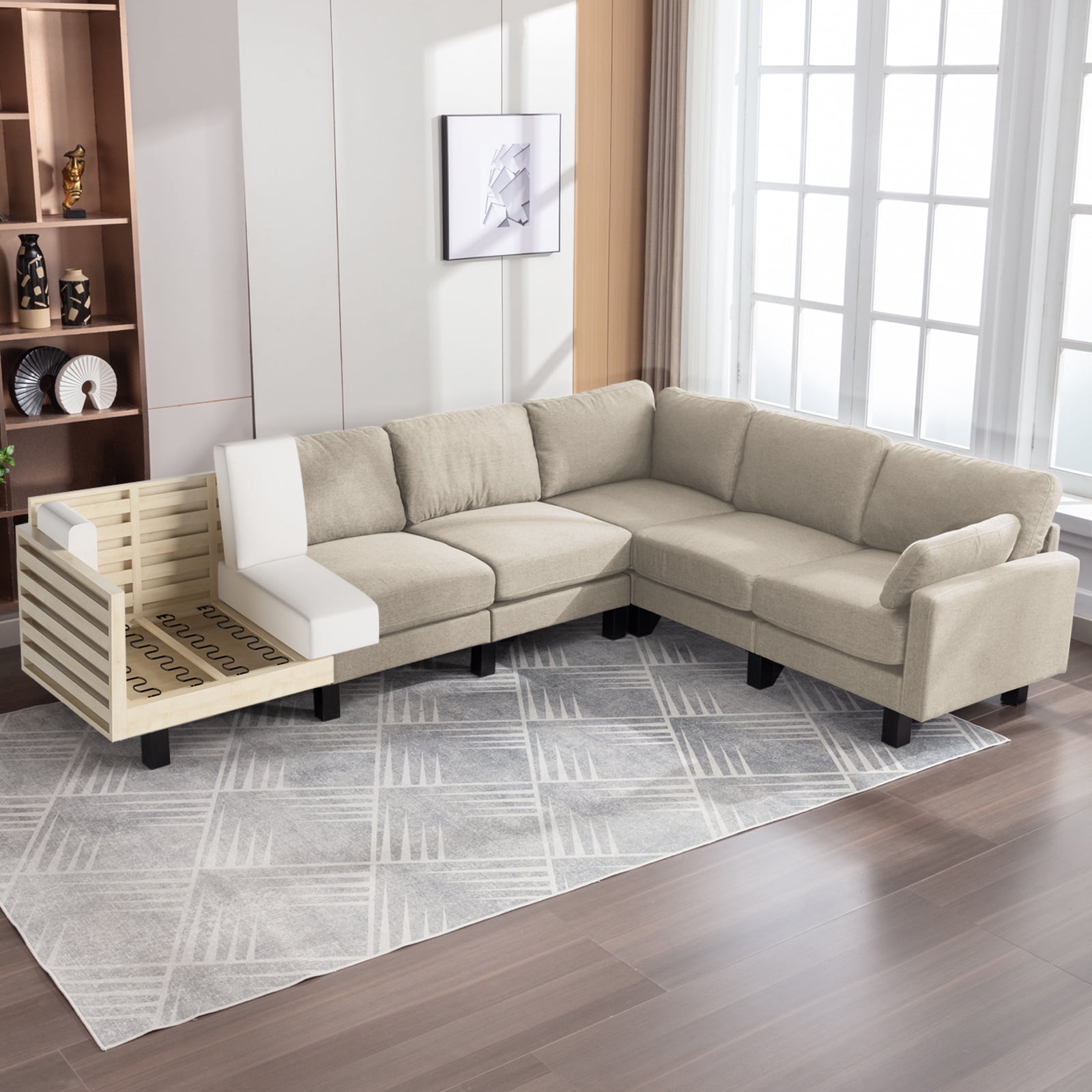 ijuicy L Shaped Sectional Sofa, 6 Seater Corner Modular Sofa, Living Room Furniture Sets - Beige