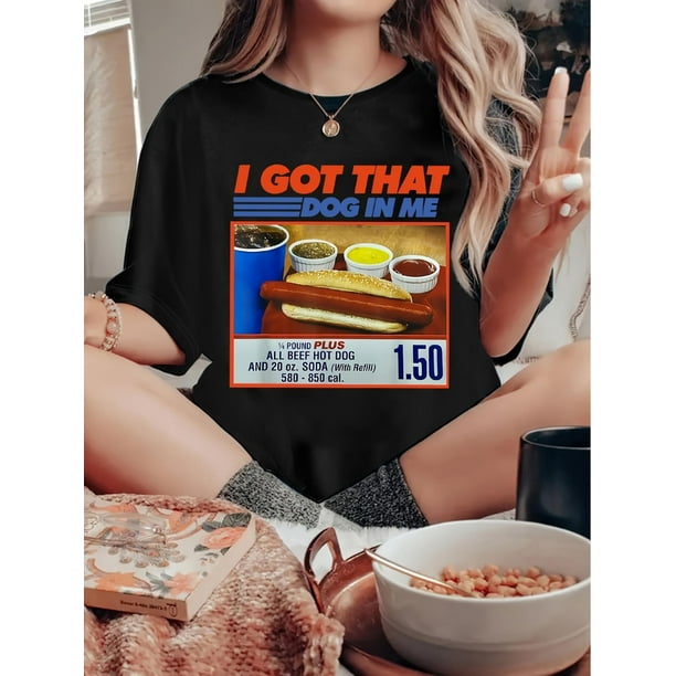 Camiseta de Mujer de Verano BásicaWomen's Retro Hot Dog Bun Print T-Shirt - Casual Round Neck, Short Sleeve, Comfortable Top, Three Sauces, SportyFather's Day, Mother's Day, New Year, Spring Festiva