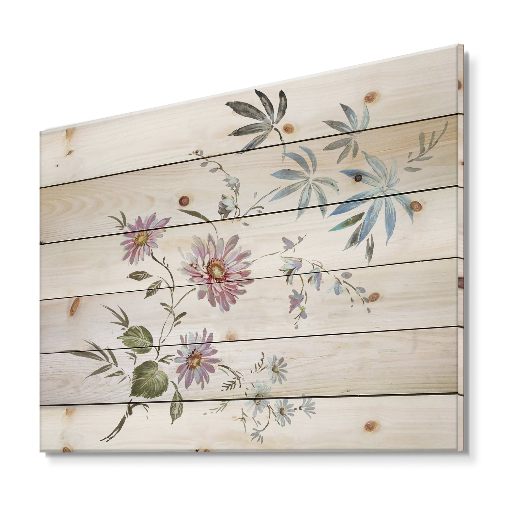 Designart 'Pink and Blue Wildflowers I' Traditional Print on Natural Pine Wood