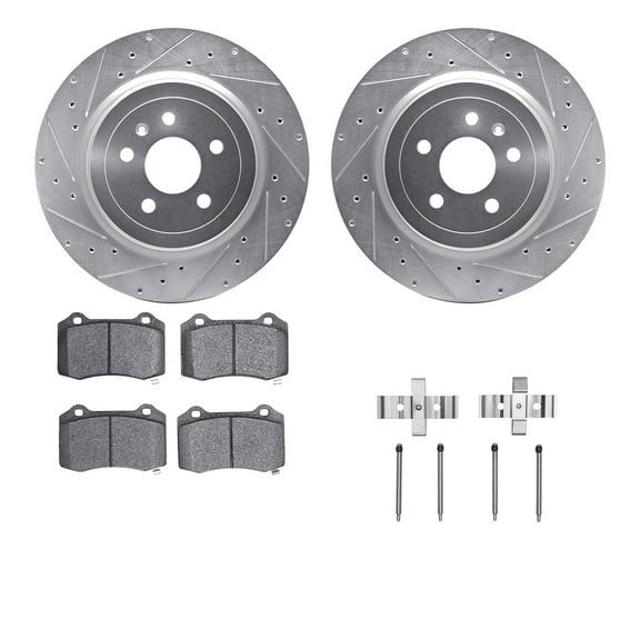 Dynamic Friction Company Rear Brake Rotors-Drilled and Slotted-Silver with 5000 Euro Ceramic Brake Pads includes Hardware 7612-26000