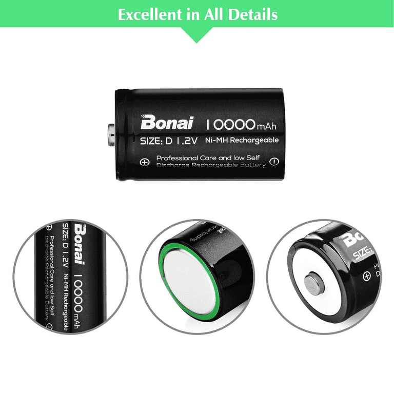 BONAI D Rechargeable Batteries 10,000mAh 1.2V Ni-MH High Capacity High Rate  D Size Battery Rechargeable d Cell Batteries high Capacity(8 Pack)