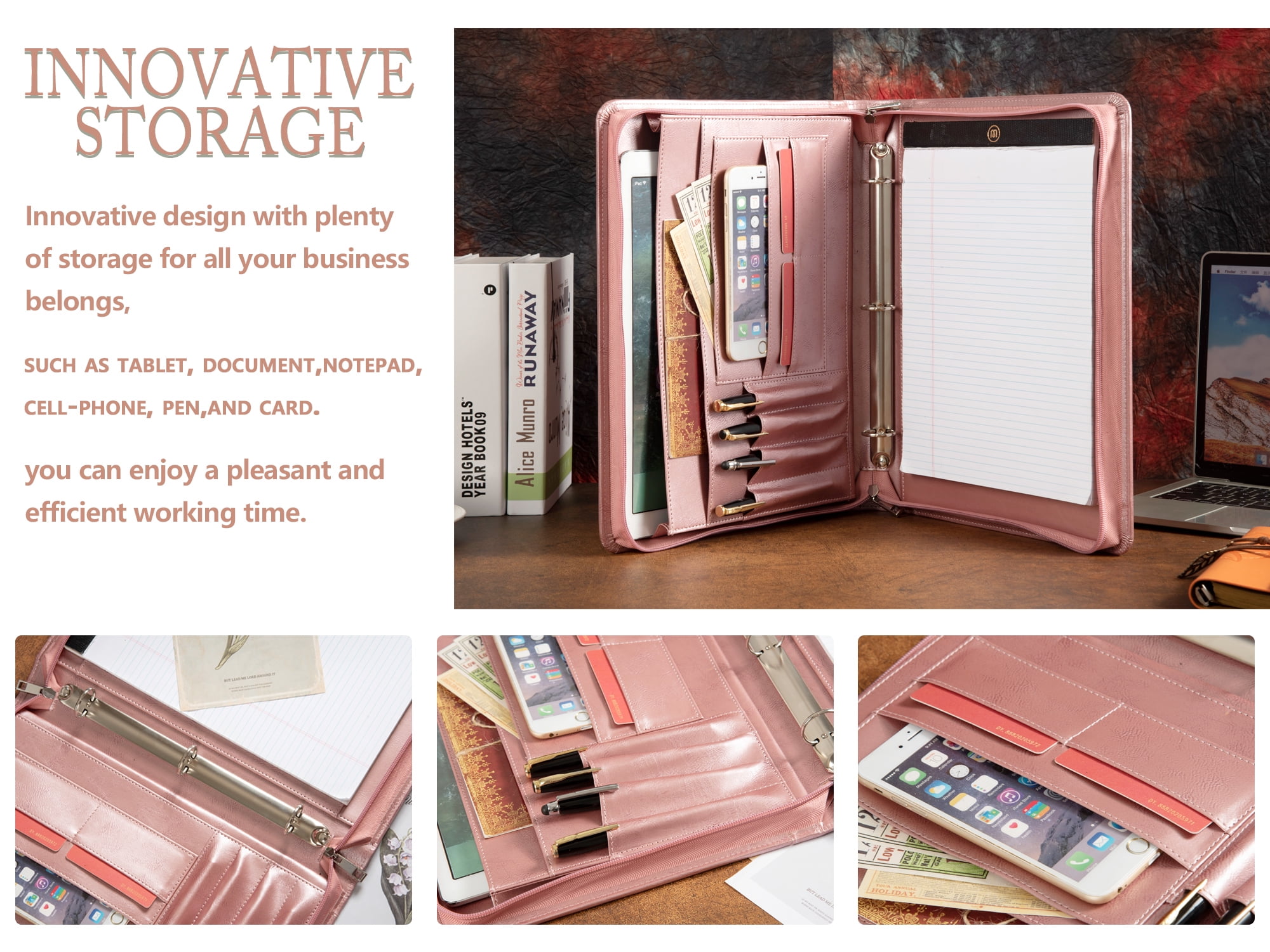 LeatherBelief Portfolio 3 Rings Binder 1 inch, PU Leather Padfolio with Zipper, Business Organizers with A4 Legal Pads, Gift for Her, Rosegold