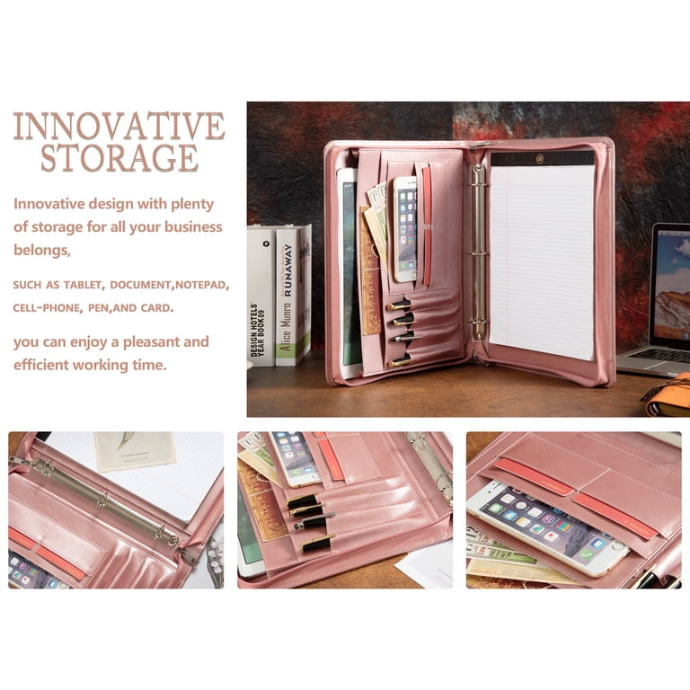 Toplive Rose Gold Padfolio - 1" 3-Ring Binder Portfolio For Interviews, School & Presentations (A4/Letter Size)