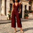 thumbnail image 4 of IUYRTFE Women Cotton Linen V Neck Button Down Jumpsuit Sleeveless Wide Leg Romper with Pockets, 4 of 7