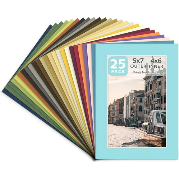 Pack of 25, MIXED COLORS 5X7 Picture Mats Matting with White Core Bevel Cut for 4x6 Pictures