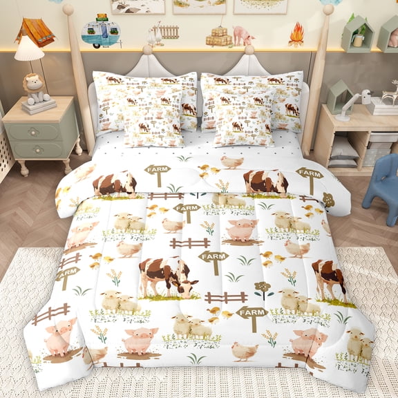 Homewish Farm Animal Cattle 7-Piece Twin Bedding Sets,Cute Pig Sheep Bedding Comforter Set,Rustic Farmhouse Cabin Sheet Sets For Boy Girl,Microfiber Bedroom Decor Reversible
