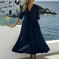 thumbnail image 4 of Ayolanni Short Sleeve Dresses for Women V Neck Solid A-Line Maxi Dress Beach Holiday Flowy Cotton Linen Long Dress Blue XL, 4 of 9