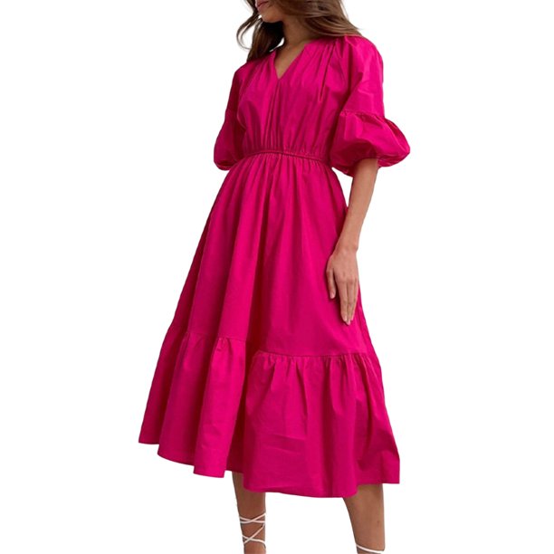 SAYOO Vestido de verano de mujer, vestido de moda de cuello V de color sólido y esponjoso SAYOO moda