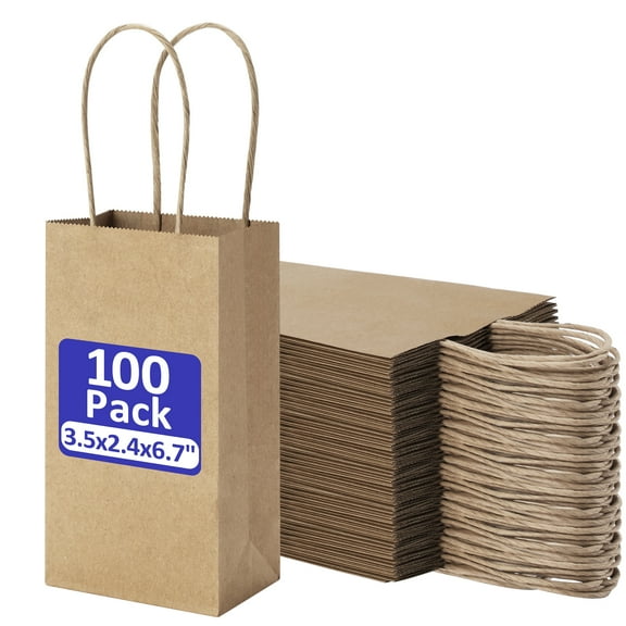 BagDream 100 Pack Mini Brown Gift Bags with Handles 3.5x2.4x6.7 Recyclable Kraft Paper Bags for Party Favor, Birthday, Baby Shower, Candy, Small Business