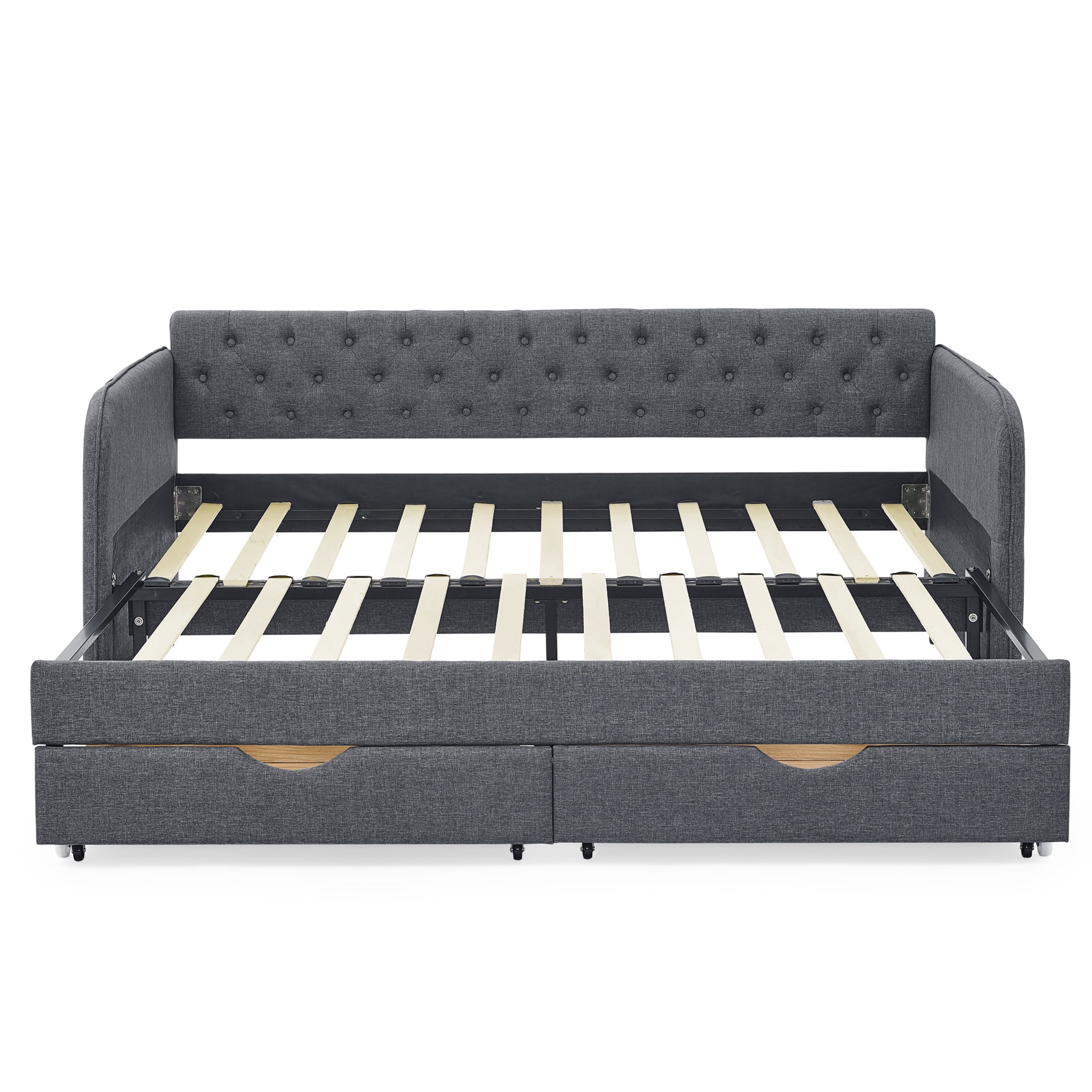 Noble House Nevaeh Twin Upholstered Linen Daybed, Extendable Twin to King Trundle Bed Frame with Storage Drawers, Dark Gray