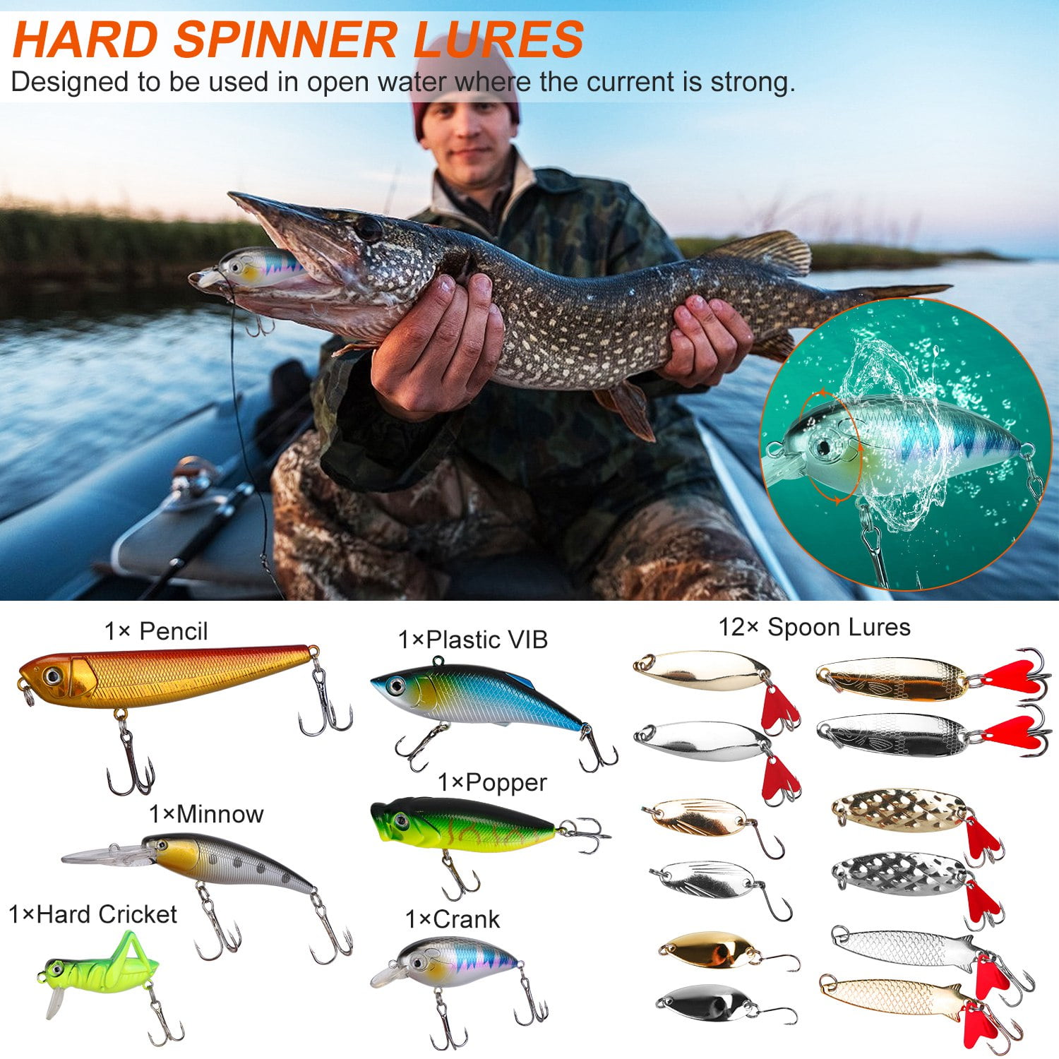 Moclever 375Pcs Fishing Lures Kit, Fishing Baits and Tackle Box Lifelike Popper Crankbaits Crickets Frogs Spoon Lures Maggots for Saltwater Freshwater, 8.27x4.33x1.77in