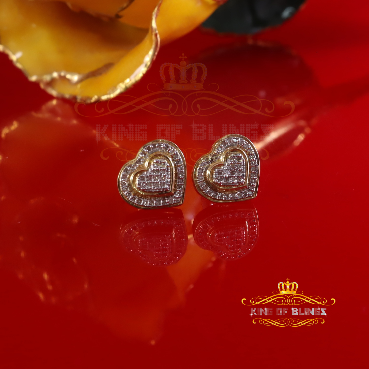 King of Bling's Real 10K Yellow Gold Heart Stud Earring with 0.25CT Diamond For Women And Men