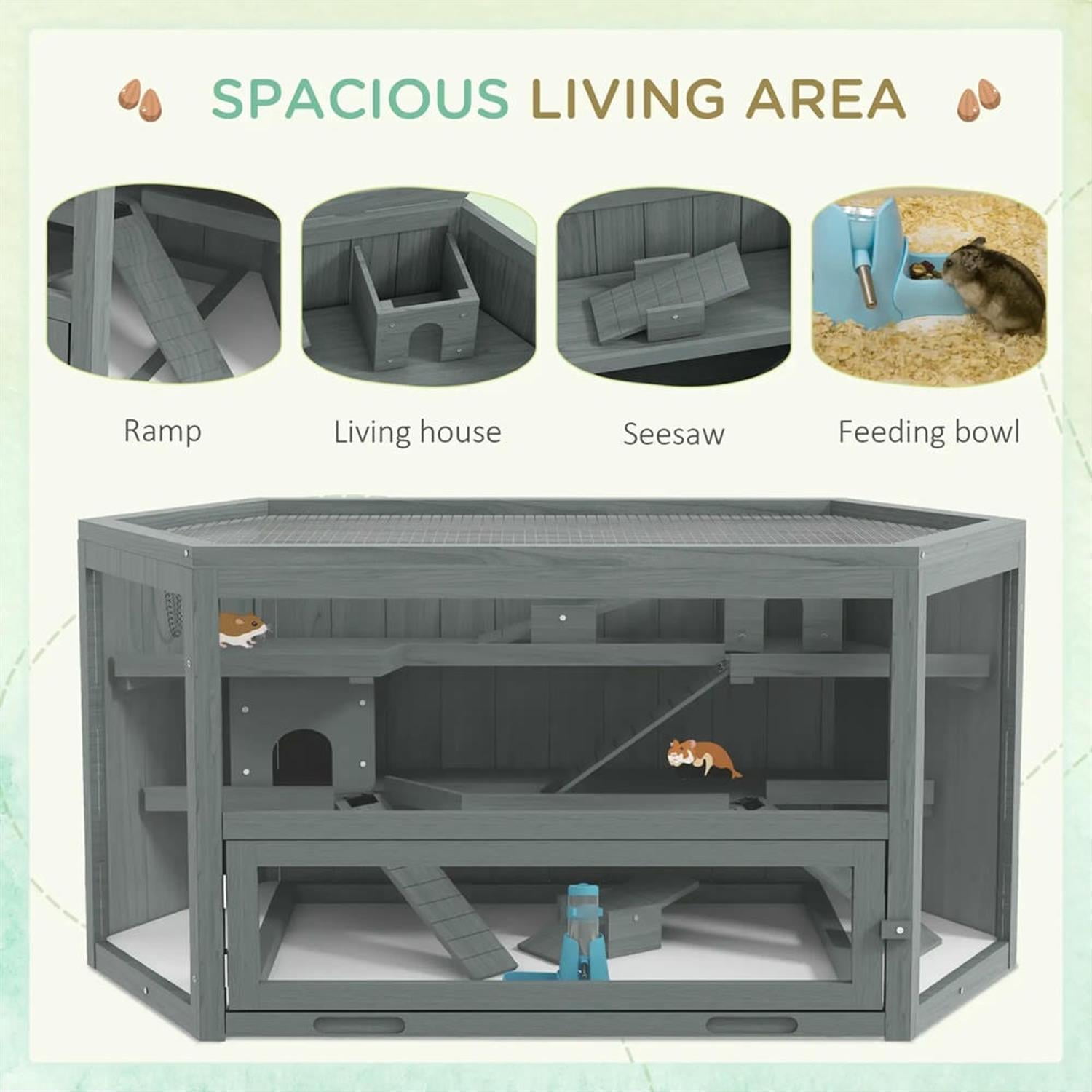 resenkos 45" Wooden Hamster Cage with Tray, Seesaws, Water Bottle, Activity Center, Large Small Animal Habitats for Guinea Pig Cages, Gray
