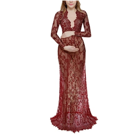 

Damen Umstandskleid Festlich aus Spitze Kleid Knielang Halbarm Schwangerschaftskleid Elegant mit Geknotetem Dekolleté Fotografie Stützen Partykleid